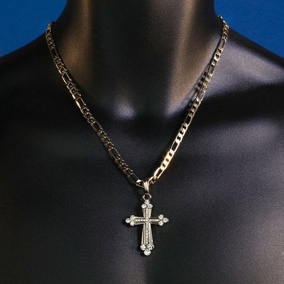 Iced Cross Pendant 14k Gold 20" 5mm Necklace - Picture 2 of 3